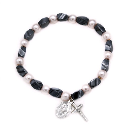 Rosary Bracelet Pink Pearl Hematite Beads