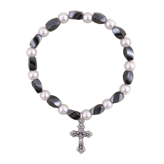 Rosary Bracelet Imitation Pearl Hematite Beads