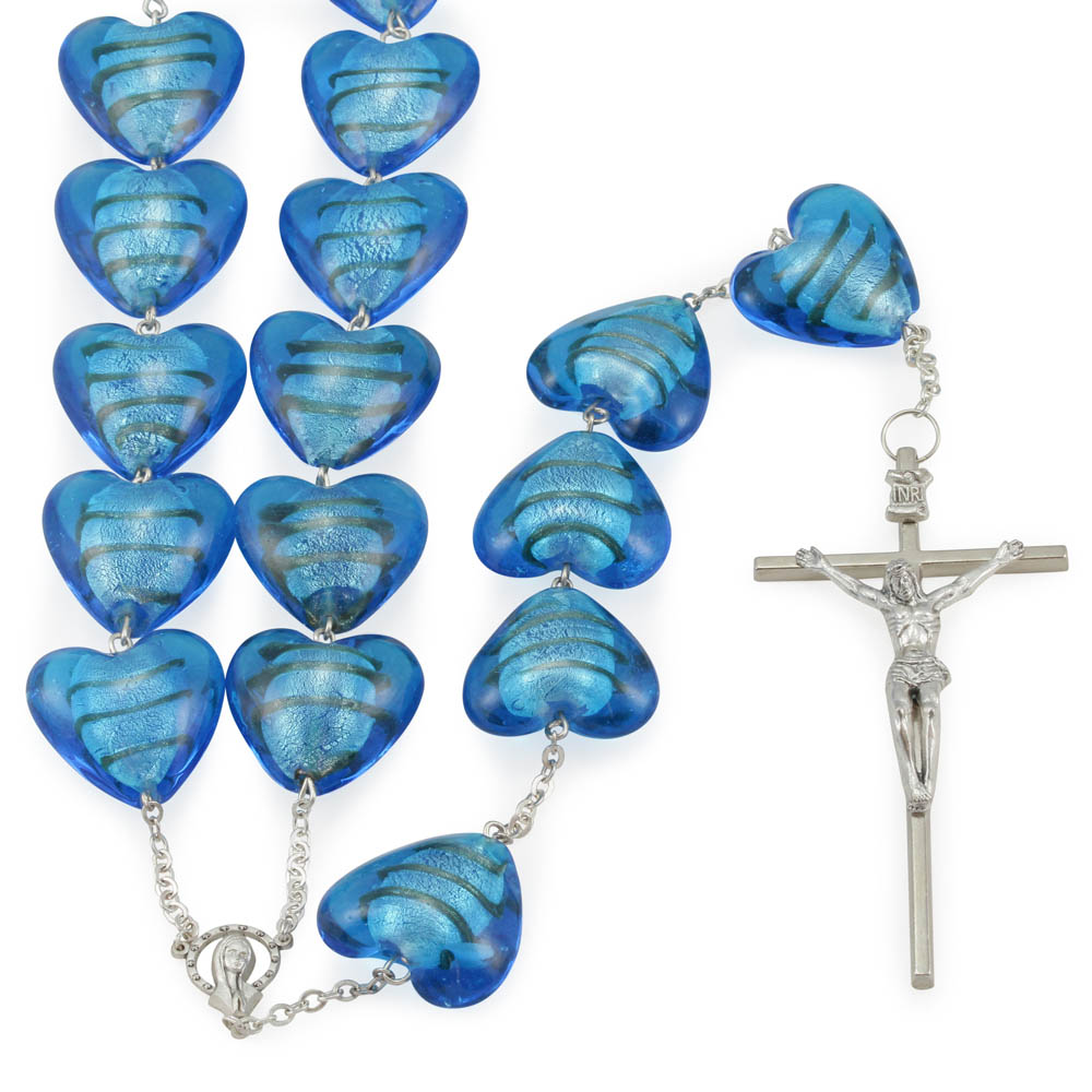 Wall Rosary with Blue Venetian Glass Heart Shapped Beads