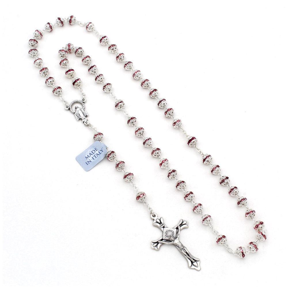 Pink Swarovski Crystal Rosary Filigree Rondelle