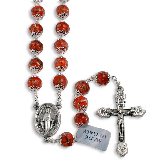 Orange Murano Beads Rosary Miracle Medal