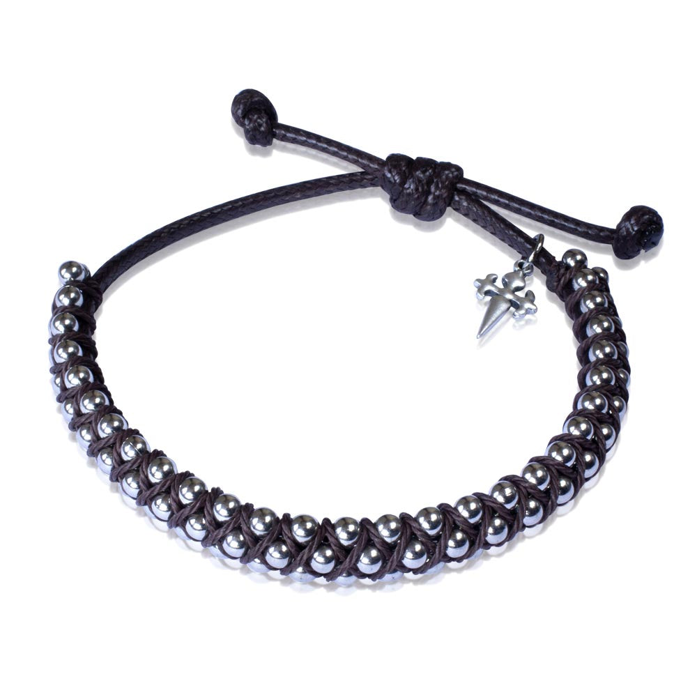 Adjustable Beaded Bracelet Black Waxed Cotton St. James Santiago Cross