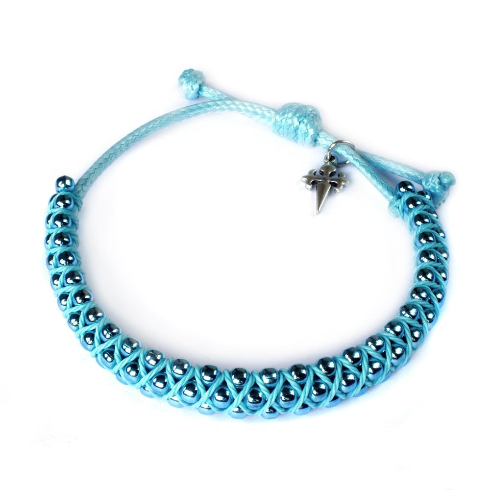 Adjustable Bracelet Blue Beads St. James Cross Men Women Teens