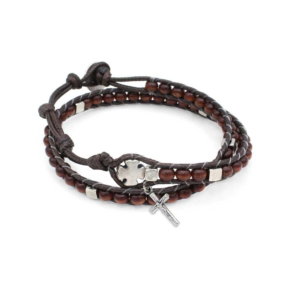 Ladder Design Brown Wooden Beads Wrap Around Rosary Bracelet