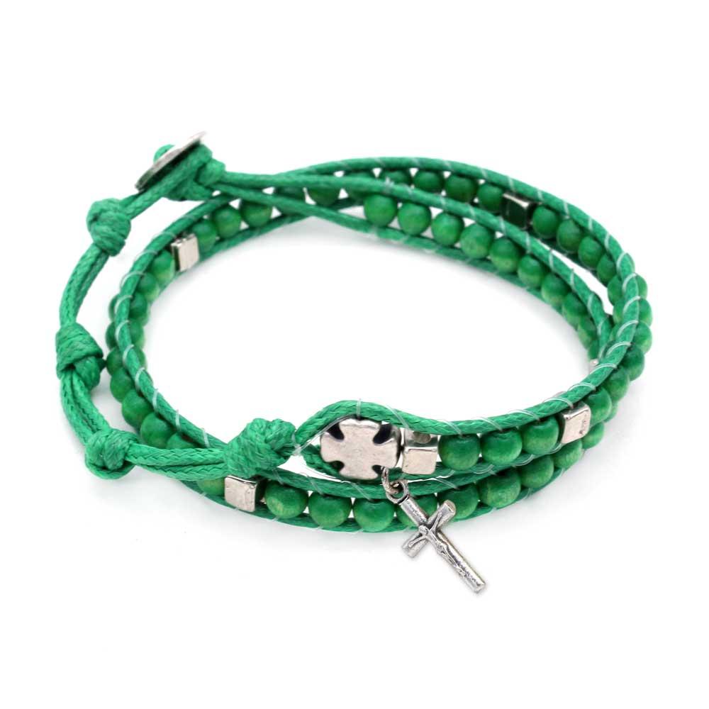 Ladder Design Green Wooden Beads Wrap Around Rosary Bracelet
