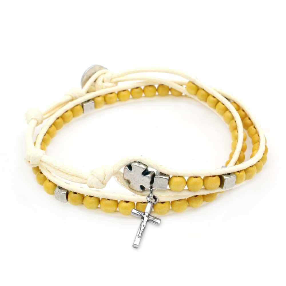 Ladder Design Yellow Wooden Beads Wrap Around Rosary Bracelet