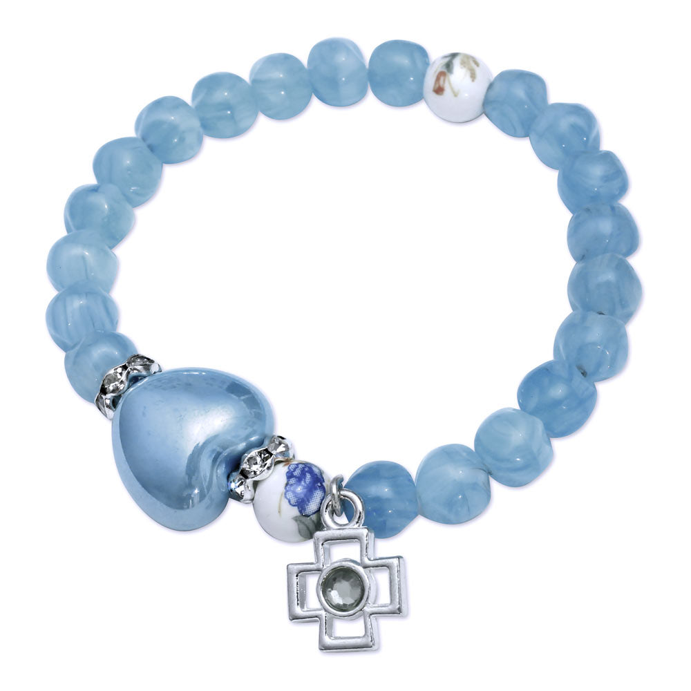 Rosary Bracelet Blue Beads Heart Cross Elastic women teens
