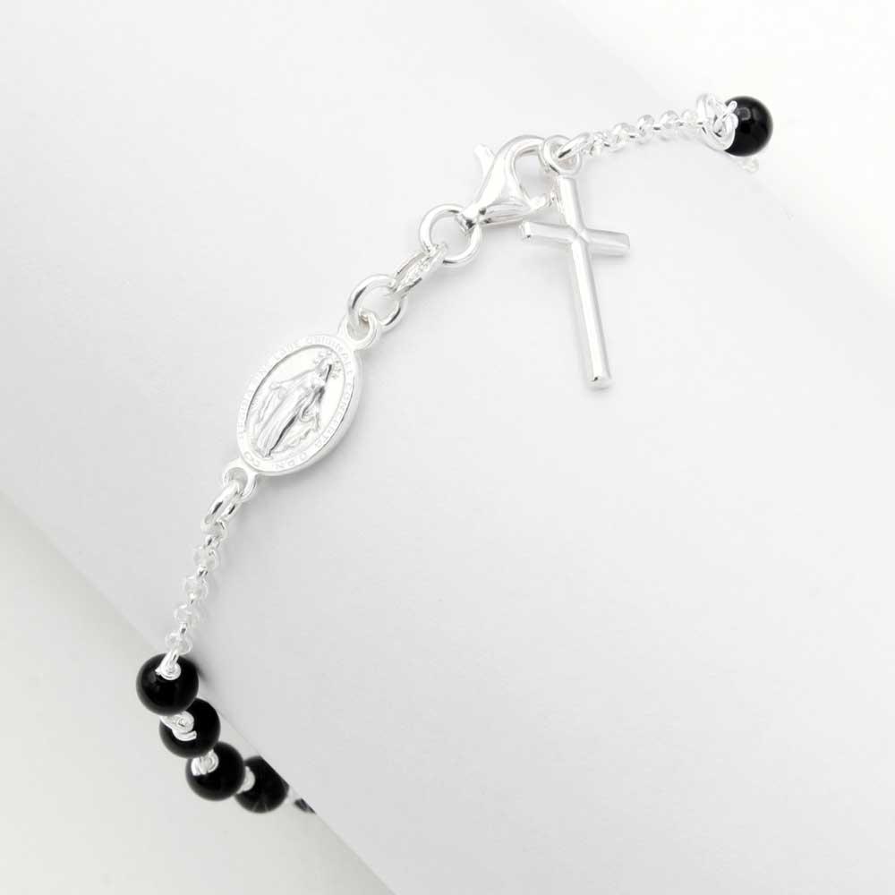 Miraculous Medal Sterling Silver Rosary Bracelet Black Beads