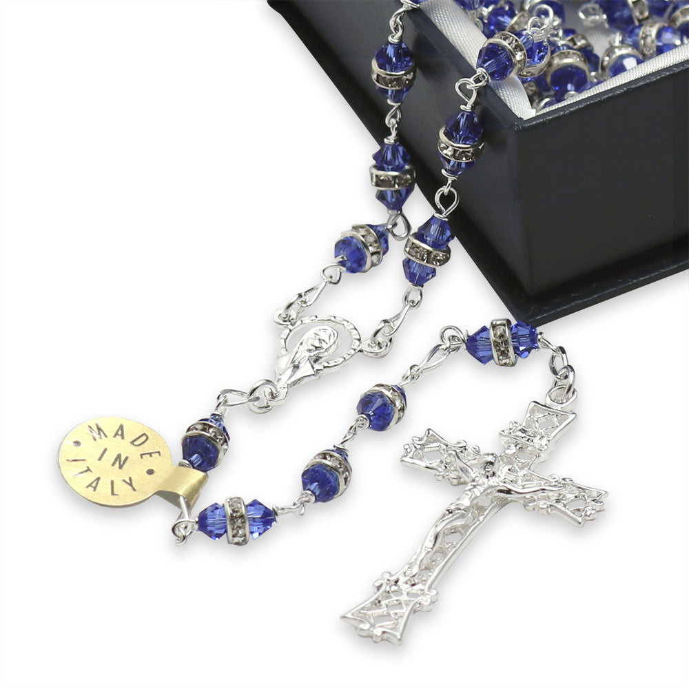 Swarovski Rosary Blue Crystal Rondelle Beads Sterling Silver Filigree Crucifix