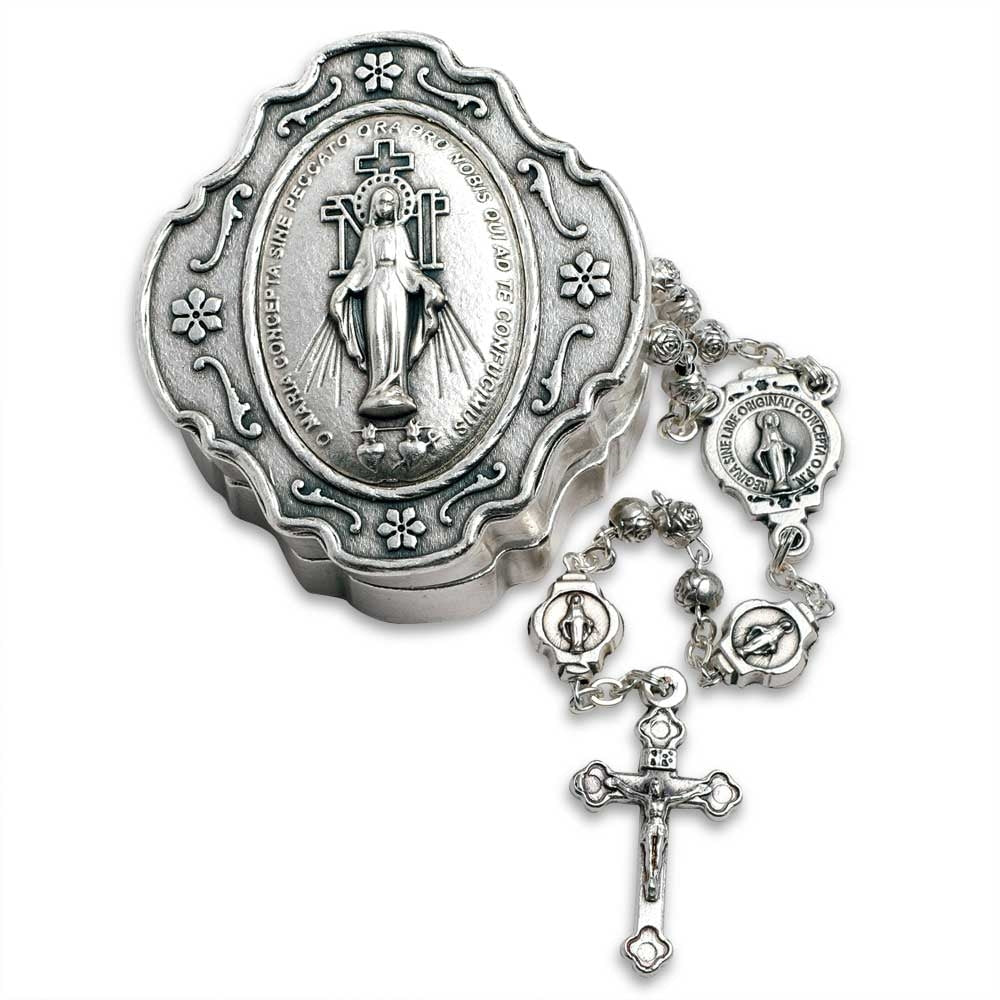 Miraculous Medal Rosary Metal Beads and Silver Finish Box Gift Set