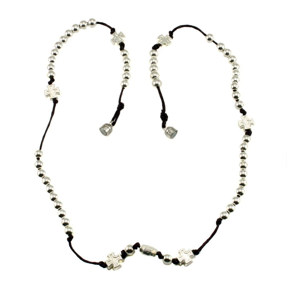 Polished Rosary Necklace w/ Silver Beads & Crosses