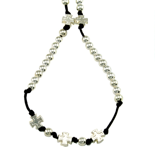 Rosary Necklace w/ Polished Silver Beads & Crosses