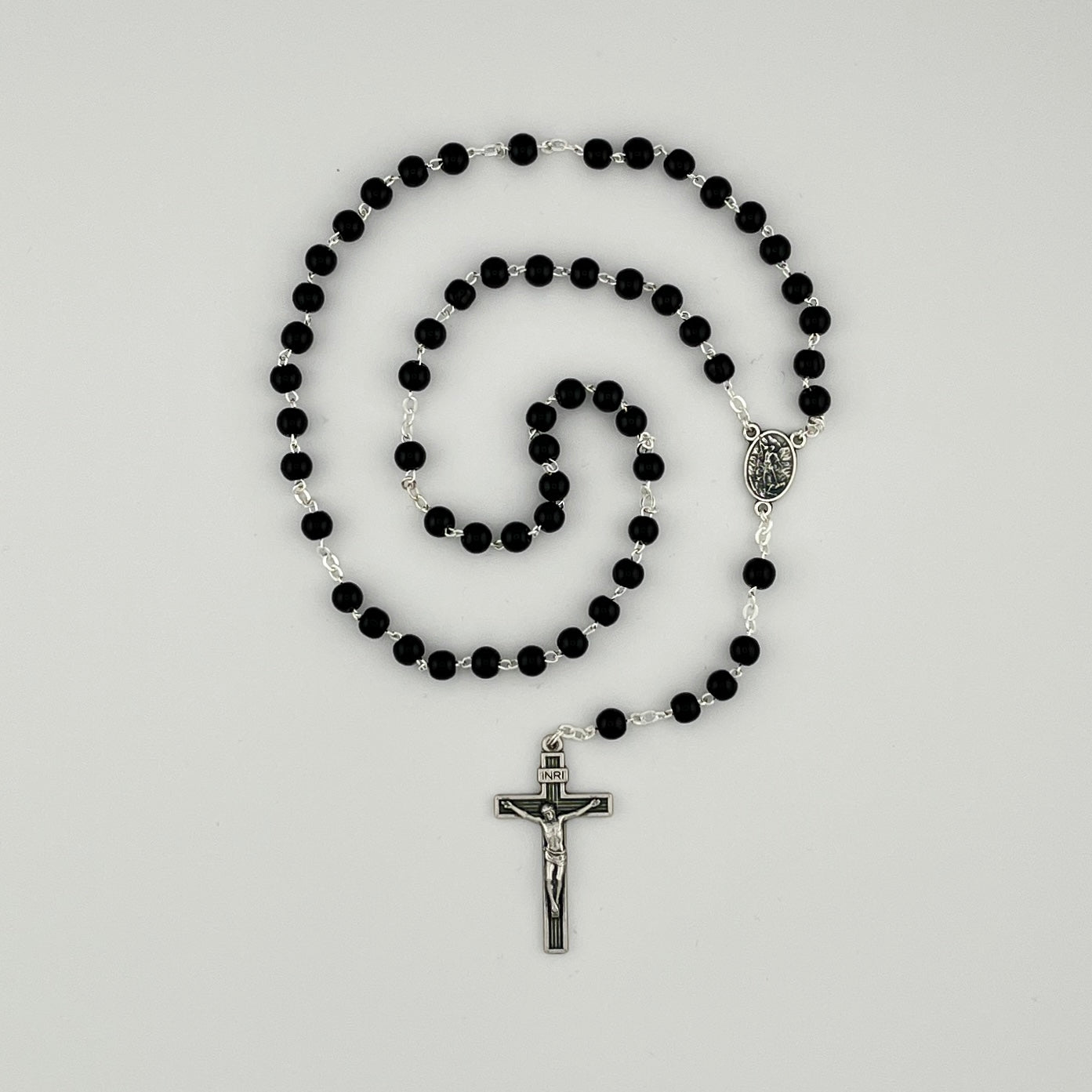 Black Rosary 5mm beads, Guardian Angel silver center 1.5inch crucifix