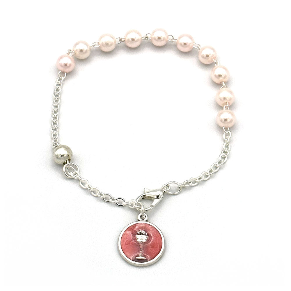 First Communion Pink Pearl Glass Beads Rosary Bracelet