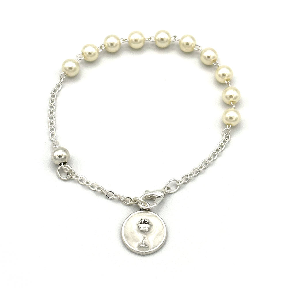 First Communion White Pearl Glass Beads Rosary Bracelet
