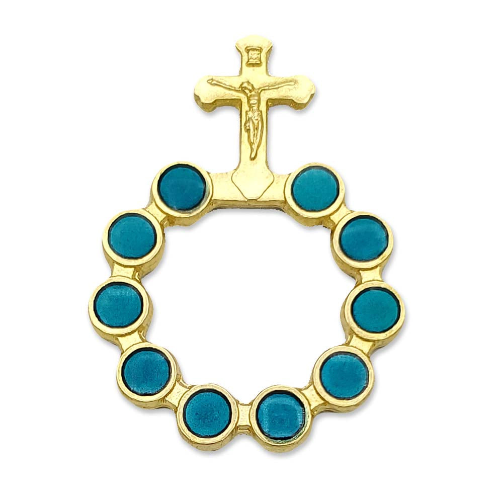 One Decade Rosary Ring Teal Beads Gold Finish Finger Rosary