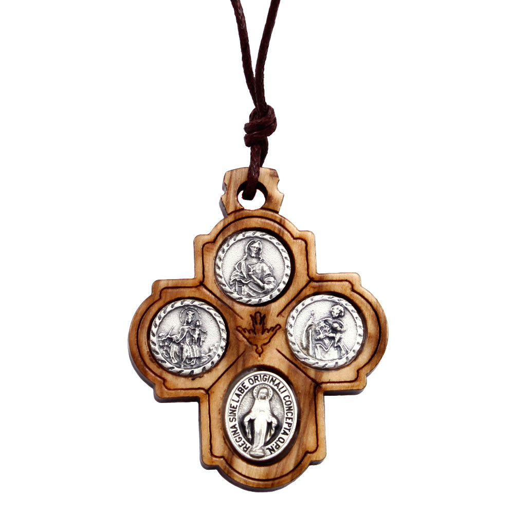 Catholic Olive Wood Four Way Cross Pendant