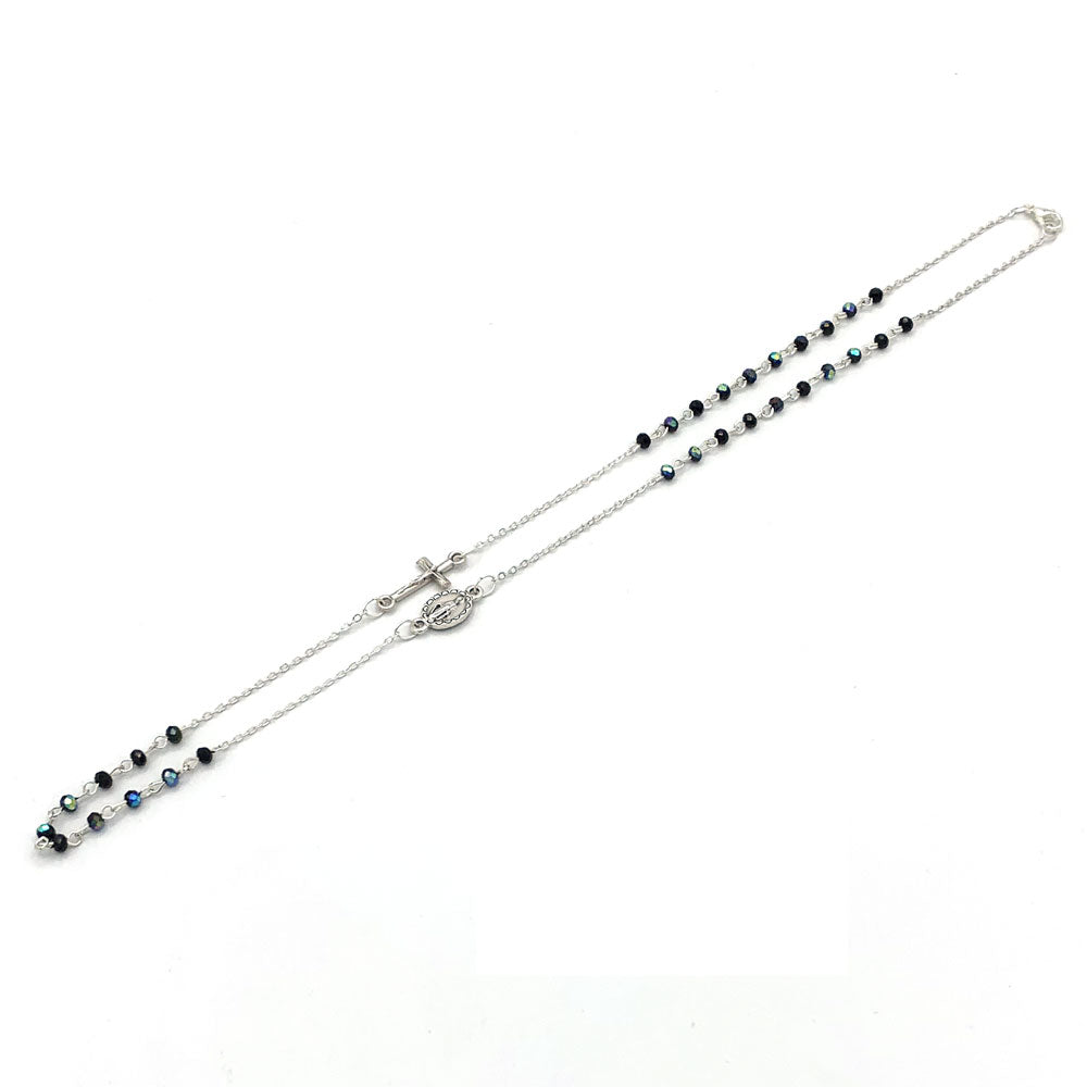 Multifaceted Black Glass Beads with Aurora Borealis Rosary Necklace
