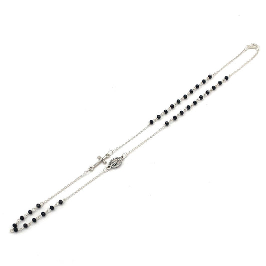 Multifaceted Black Glass Beads Rosary Necklace