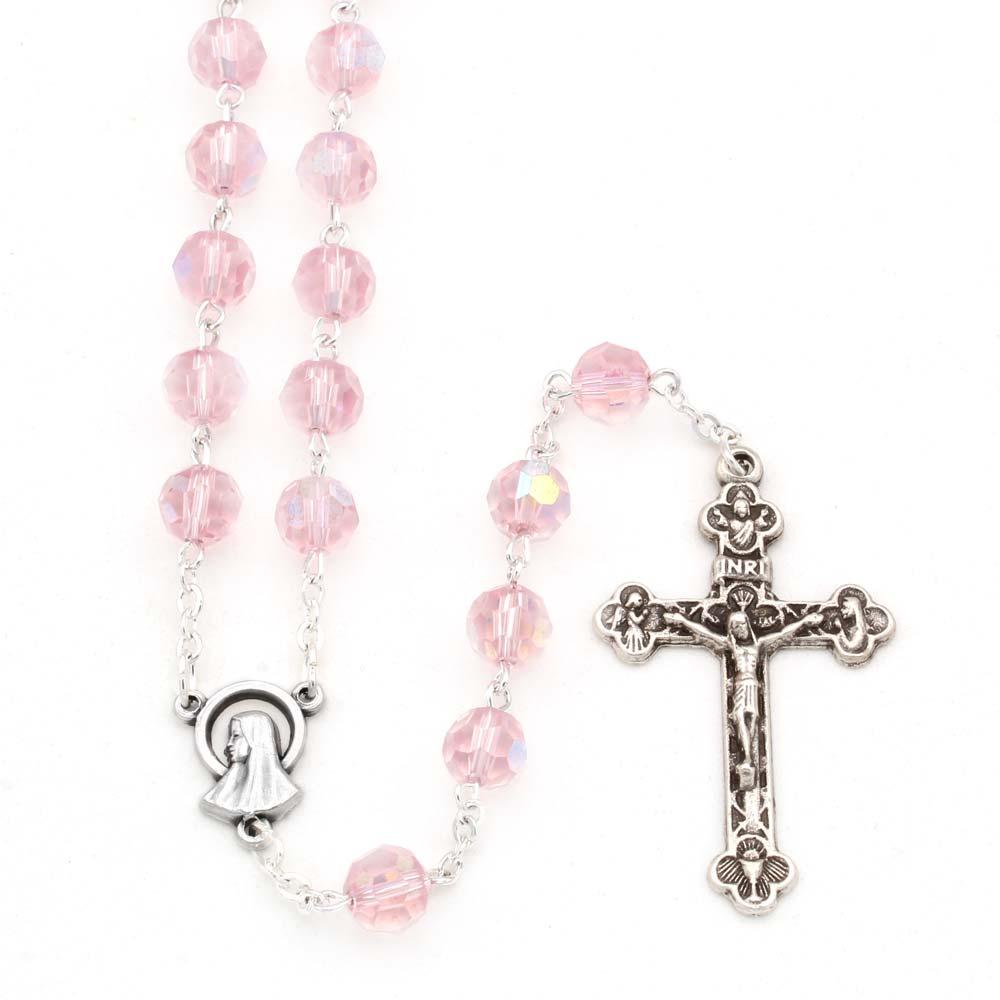 Rosary Our Lady of Lourdes Pink Crystal Beads
