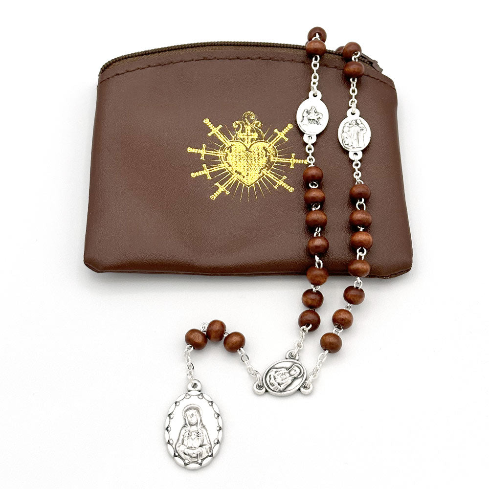 Seven Sorrows of Mary Rosary Chaplet Brown Wood Beads and Matching Rosary Pouch - Servite Rosary
