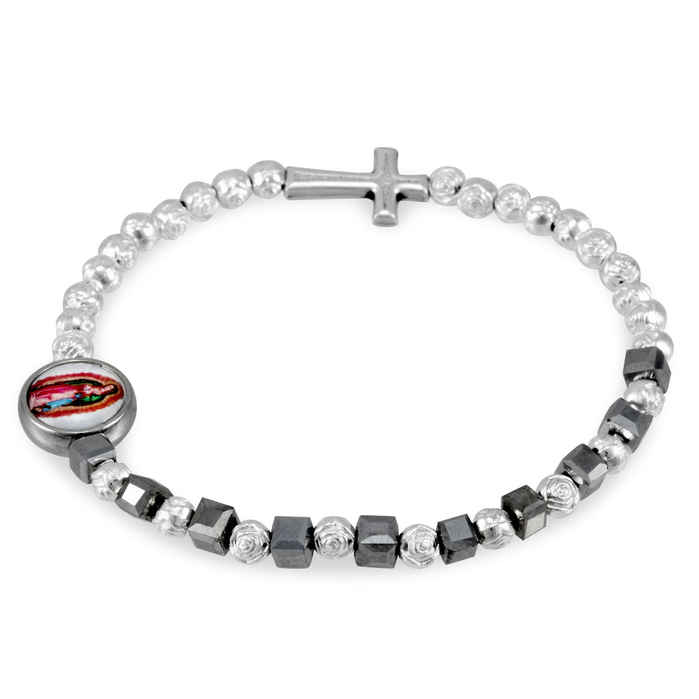 Hematite Beads Rosary Bracelet Guadalupe Medal