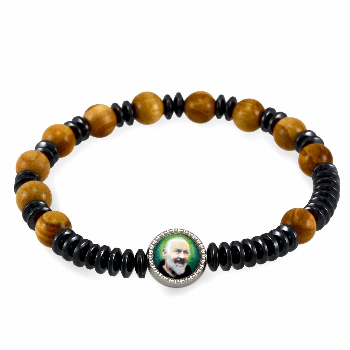 Padre Pio Olive Wood Rosary Bracelet hematite green
