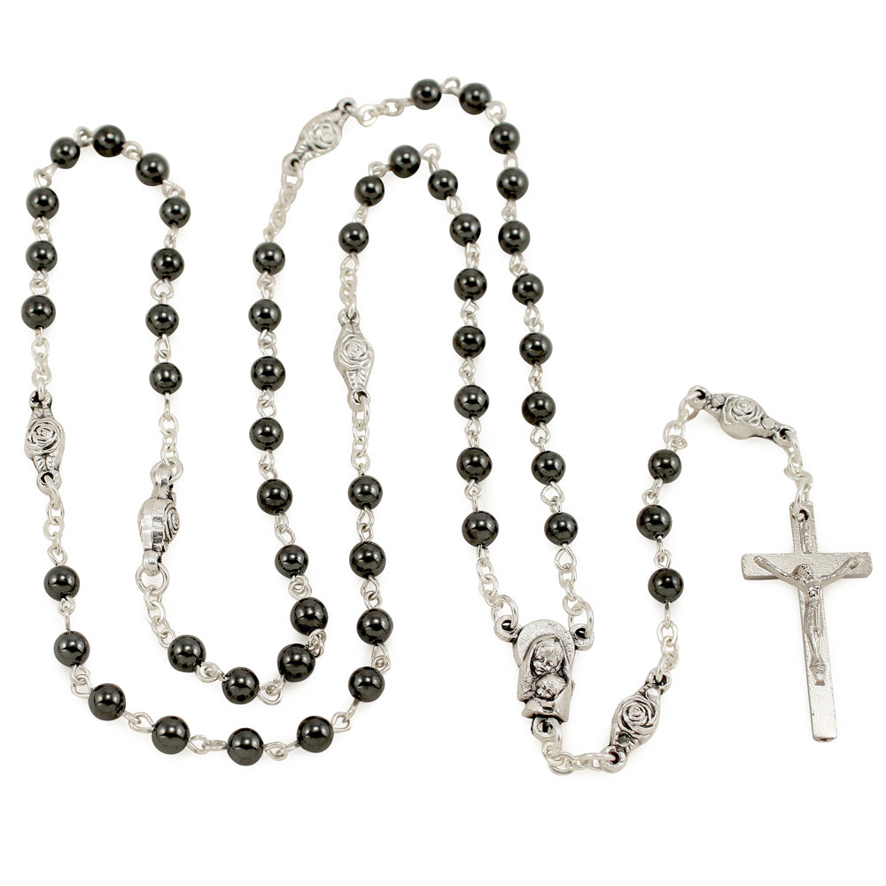 Hematite Beads w/ Rose Paters Catholic Rosary