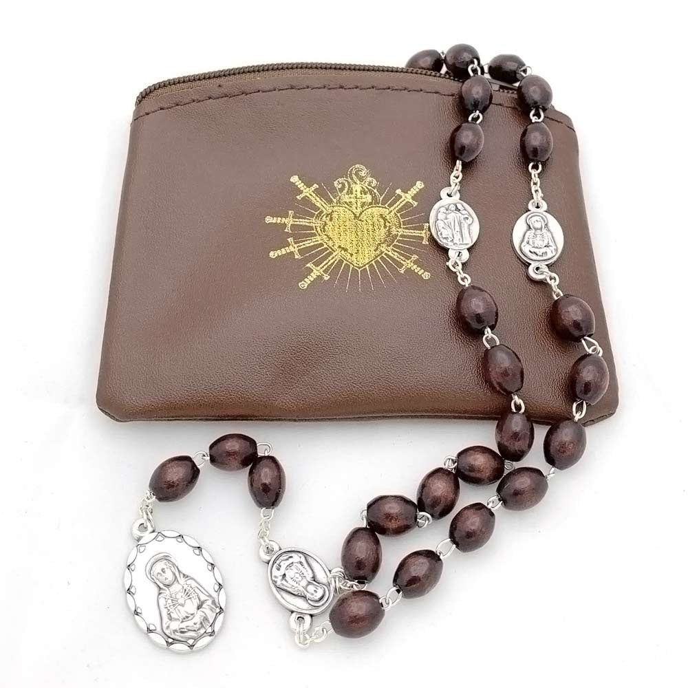 Seven Sorrows of Mary Rosary Chaplet Oval Brown Wooden Beads with pouch - Servite Rosary