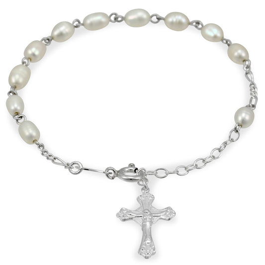 Rosary Bracelet Pearl Beads Sterling Silver Crucifix 9-2603w