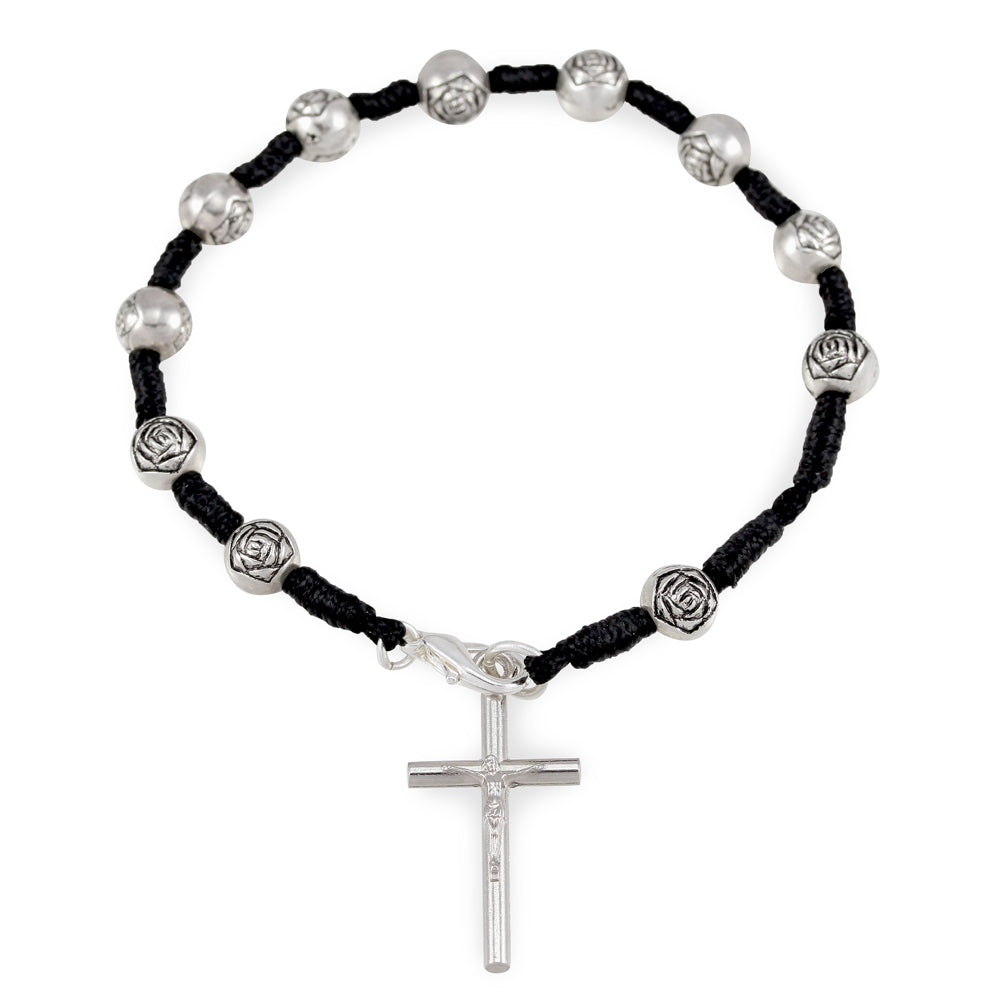 Silver Rosebud Beads Rosary Bracelet