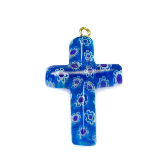 Cross Pendent with Blue Murano Glass 