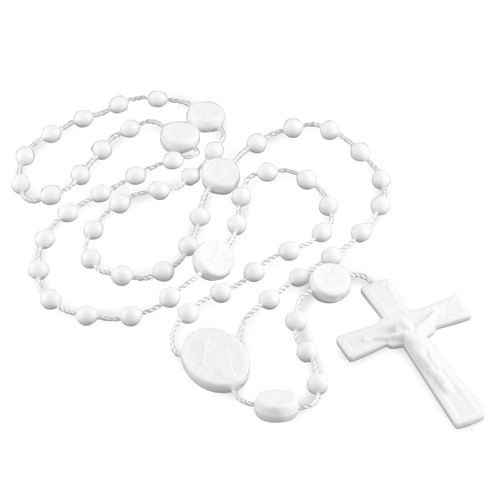 Miraculous Medal White Plastic Beads Rosary - 100 Pack – Rosary Mart