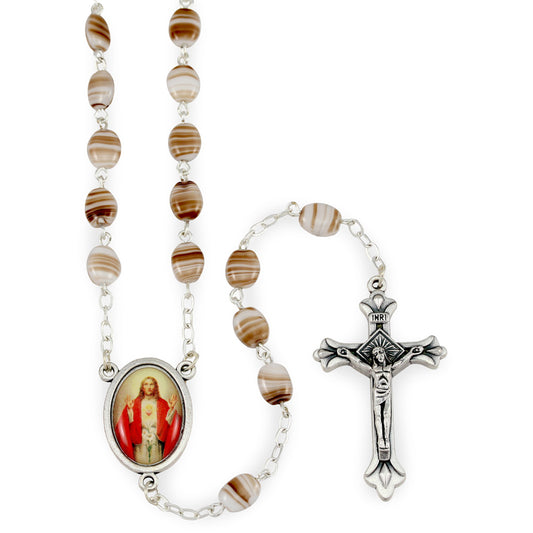 Sacred Heart of Jesus Rosary with Brown Striped Glass Beads