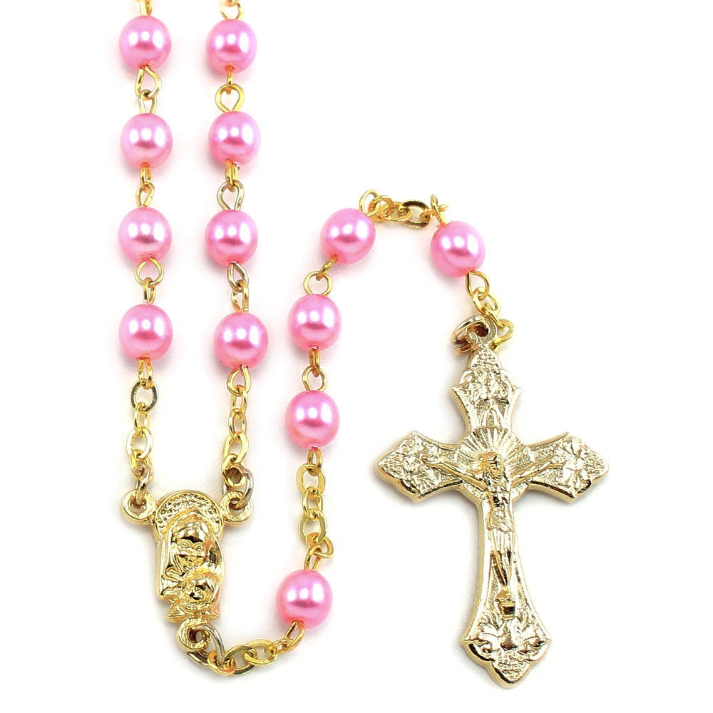 Rosary Pink Pearl Beads Gold tone