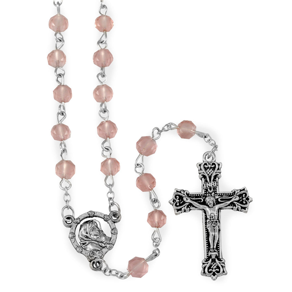 Rosary Genuine Pink Crystal Beads and Oxidized Crucifix