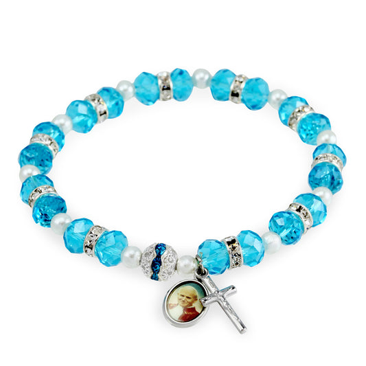 St John Paul II Rosary Bracelet Aqua Crystal Beads
