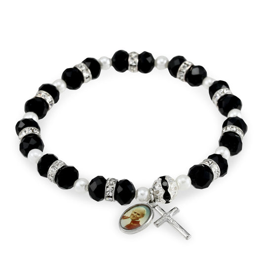 St John Paul II Black Crystal Beads Rosary Bracelet