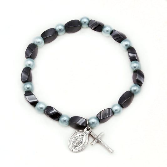 Rosary Bracelet Blue Pearl Hematite Beads