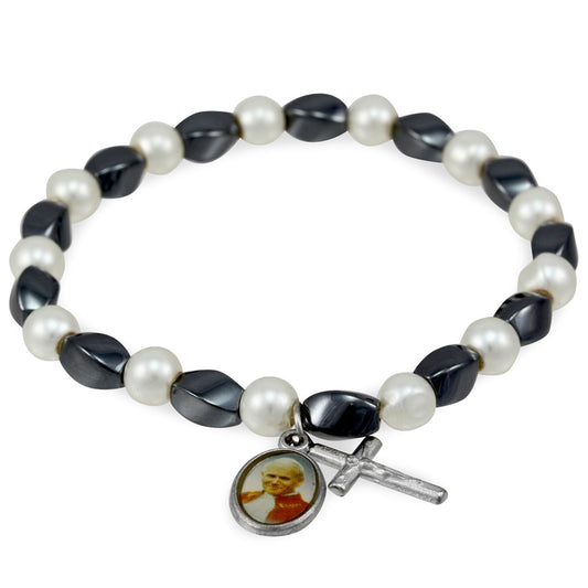 Saint John Paul II Rosary Bracelet Hematite Pearl Beads