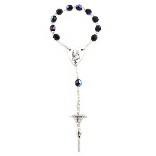 One Decade Rosary Black Crystal Beads Papal Crucifix St. John Paul II Image 