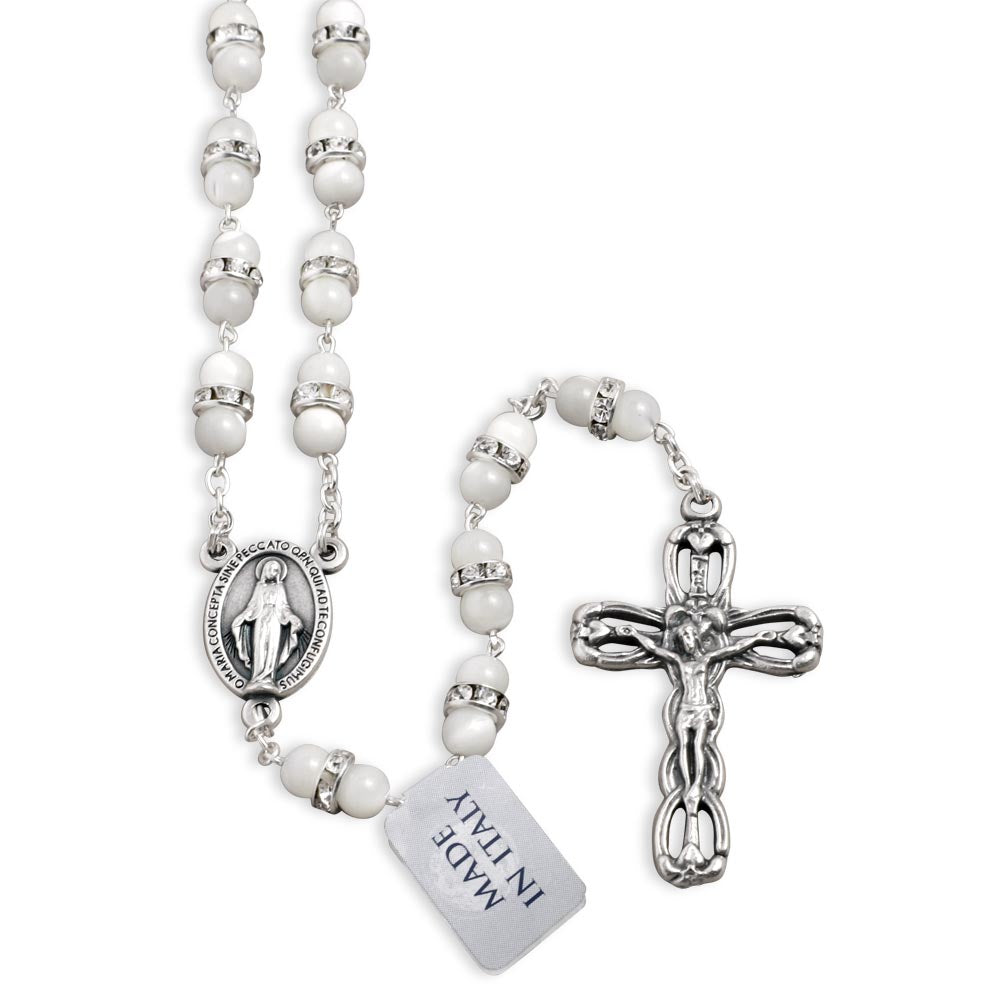 Rosary Mother of Pearl with Rondelle Zirconia Beads Miracle Medal