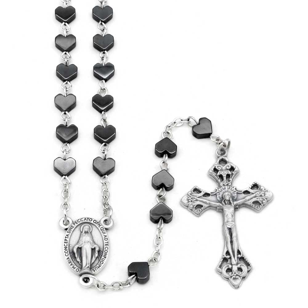 Rosary Hematite Heart Beads Miracle Medal