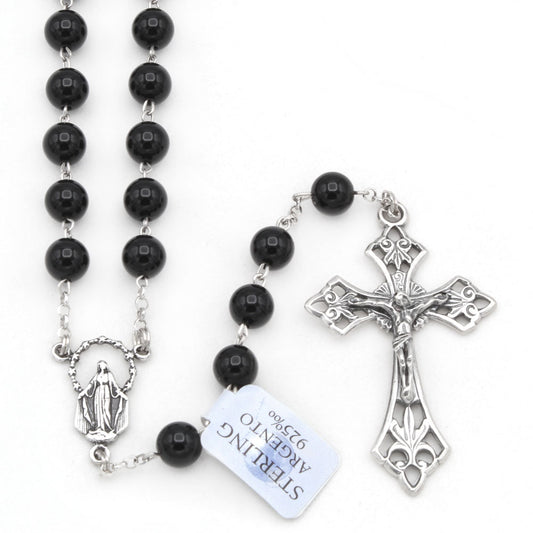 Rosary with Black Onyx Beads and Sterling Silver