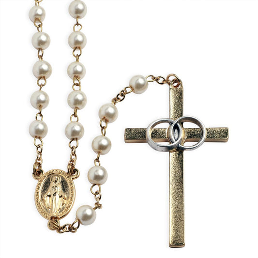 Wedding Rosary Pearl Glass Beads Gold Cross with Rings Miracle Medal