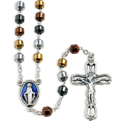 Rosary Multicolored Metal Coated Glass Cylindrical Beads Miracle Medal