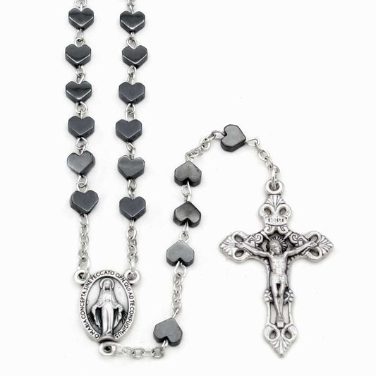 Heart Bead Hematite Catholic Rosary