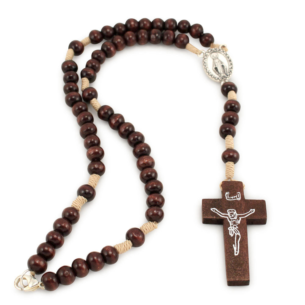 Car Rosary for Rearview Mirror, Miraculous Medal Rosary Necklace, Dark Brown Wooden Beads Rosary with Claps