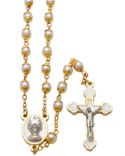 First Communion W/ Pearl Capped Beads Catholic Rosary