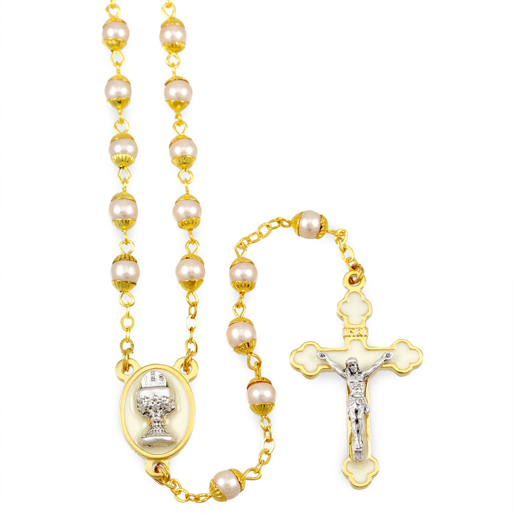 First Communion Pearl Capped Beads Rosary